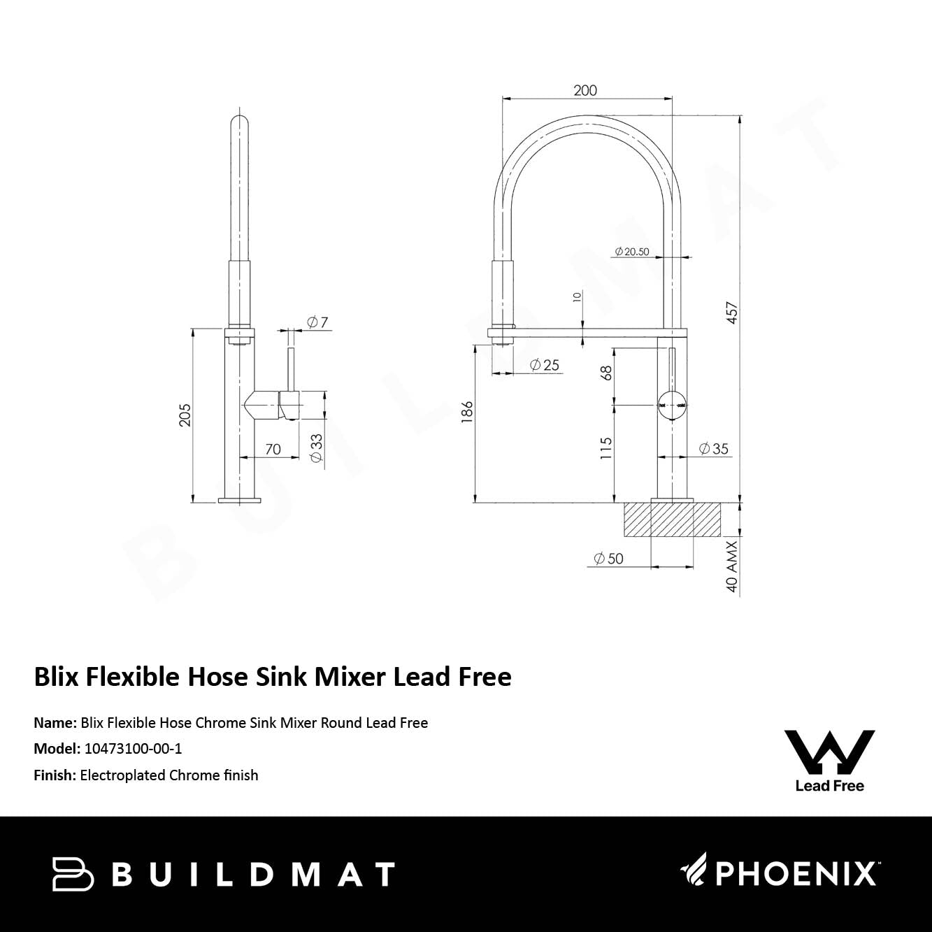 Blix Flexible Hose Chrome Sink Mixer Round Lead Free