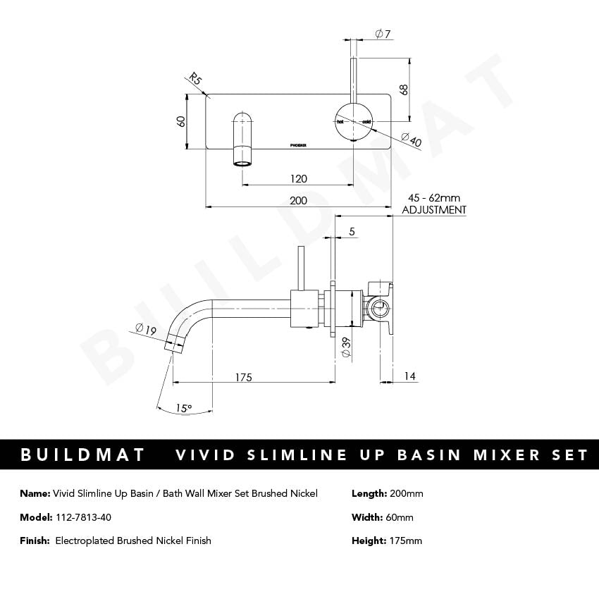 Vivid Slimline Up Basin / Bath Wall Mixer Set Brushed Nickel