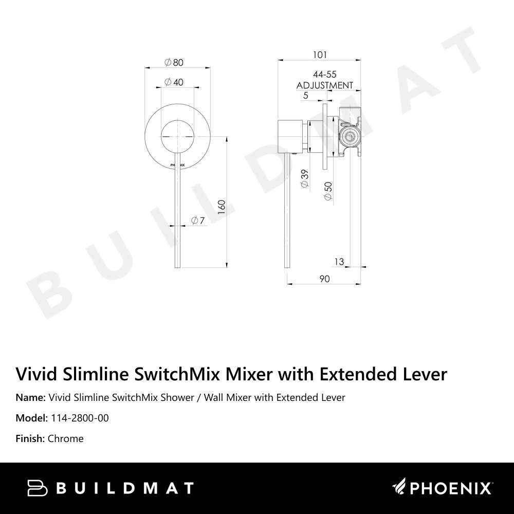 Vivid Slimline Shower / Wall Mixer with Extended Lever  Chrome