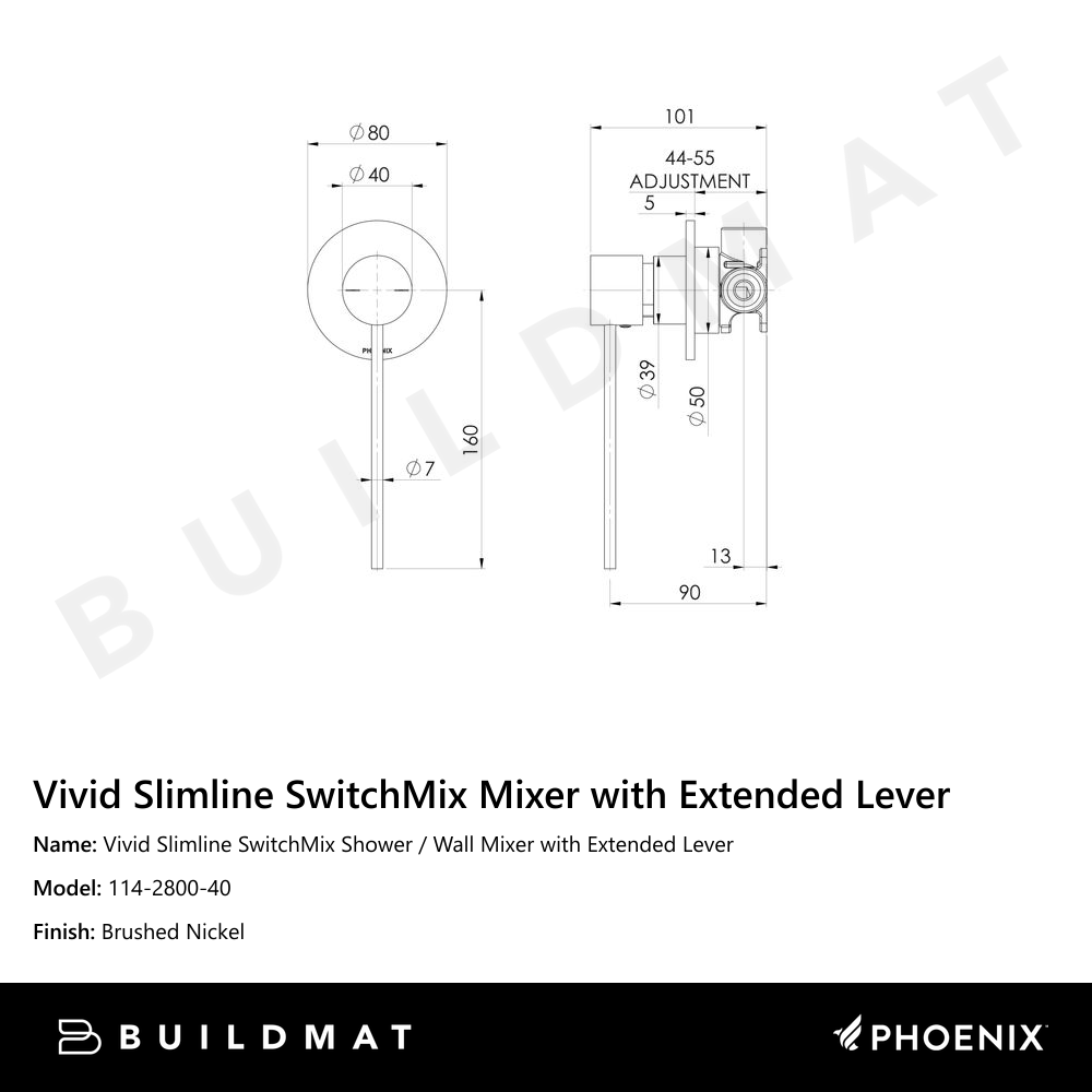 Vivid Slimline Shower / Wall Mixer with Extended Lever Brushed Nickel