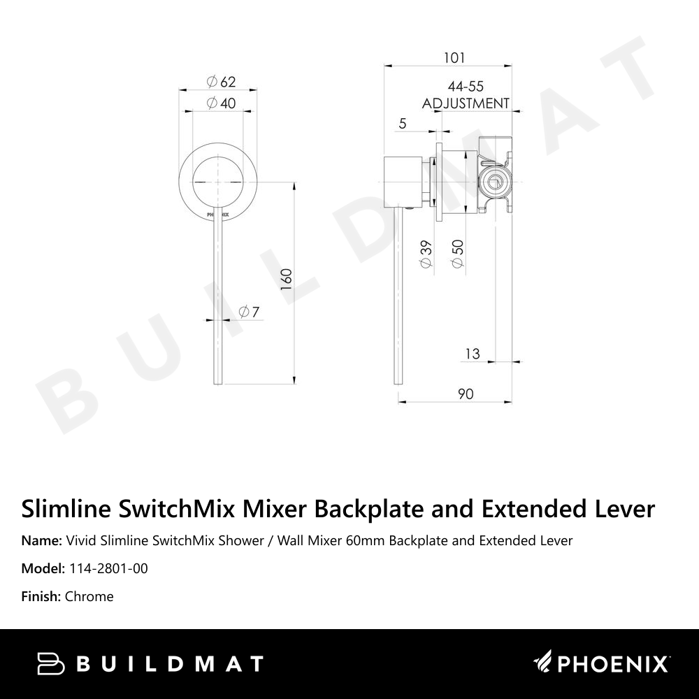 Vivid Slimline SwitchMix Shower / Wall Mixer 60mm Backplate and Extended Lever Chrome