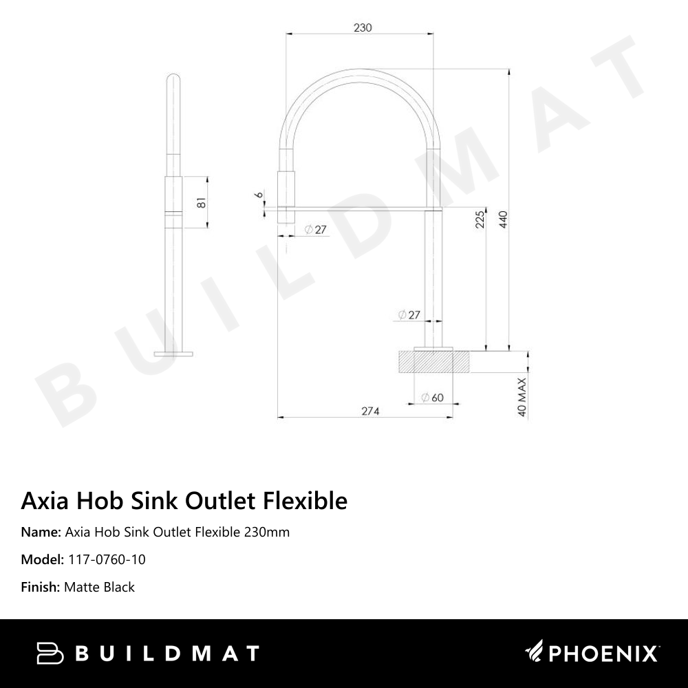 Axia Hob Sink Outlet Flexible Hose 230mm Matte Black