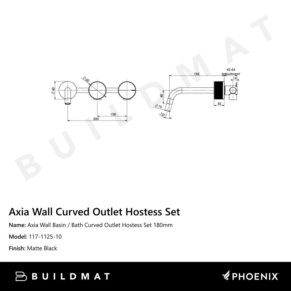 Axia Wall Basin / Bath Curved Outlet Hostess Set 180mm Matte Black