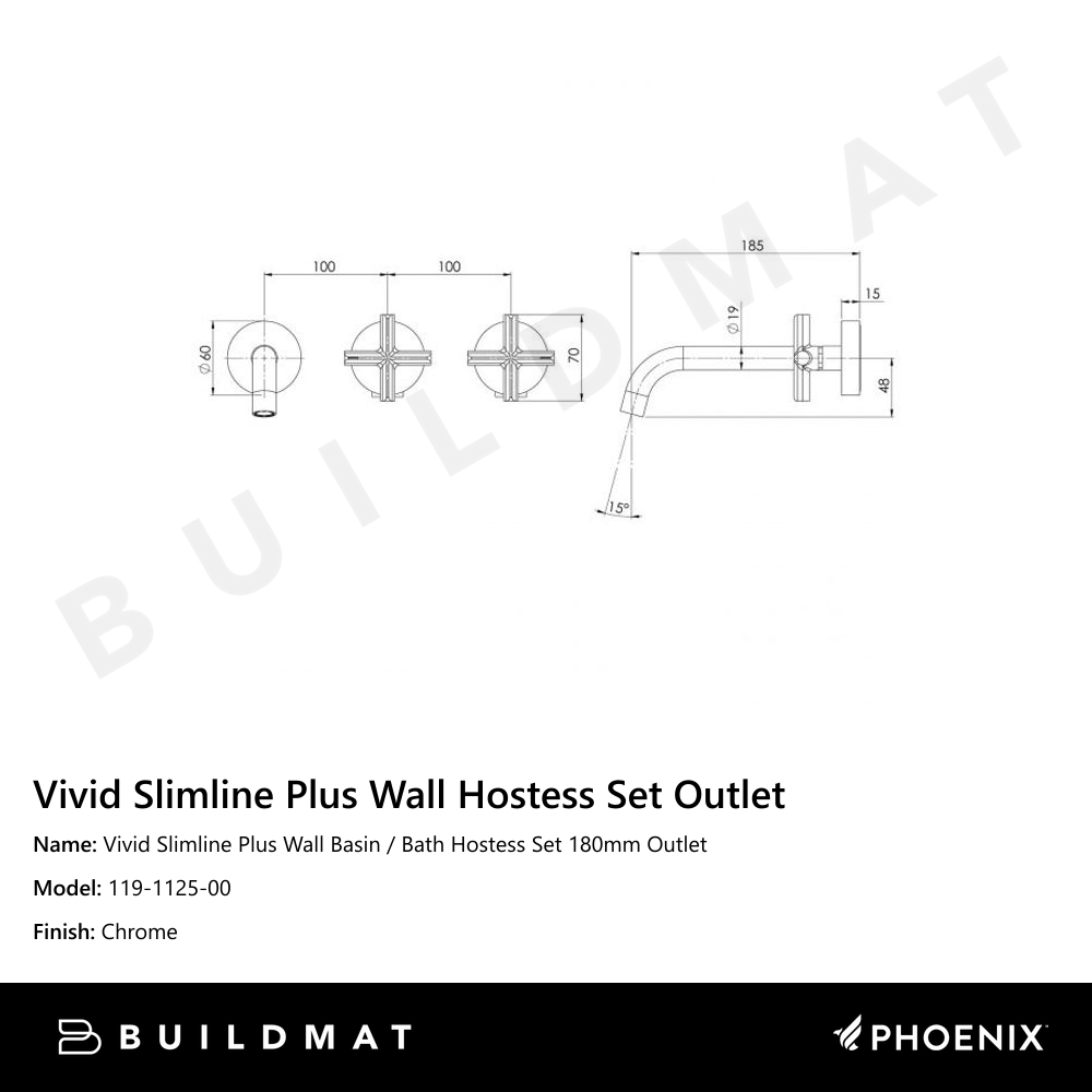 Vivid Slimline Plus Wall Basin / Bath Hostess Set 180mm Outlet Chrome