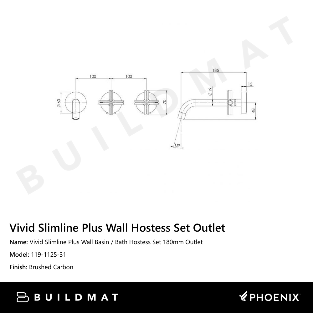 Vivid Slimline Plus Wall Basin / Bath Hostess Set 180mm Outlet Brushed Carbon