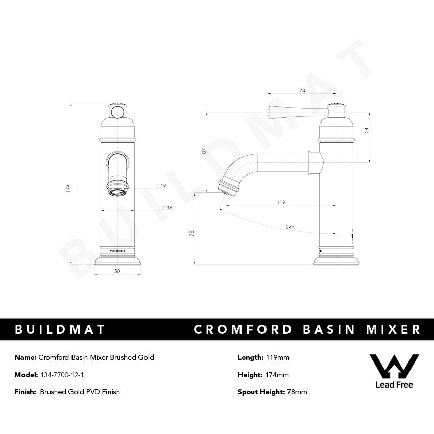 Cromford Basin Mixer Lead Free Brushed Gold