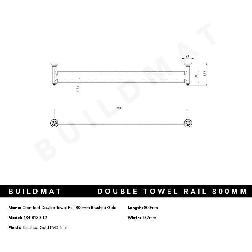 Cromford Double Towel Rail 800mm Brushed Gold