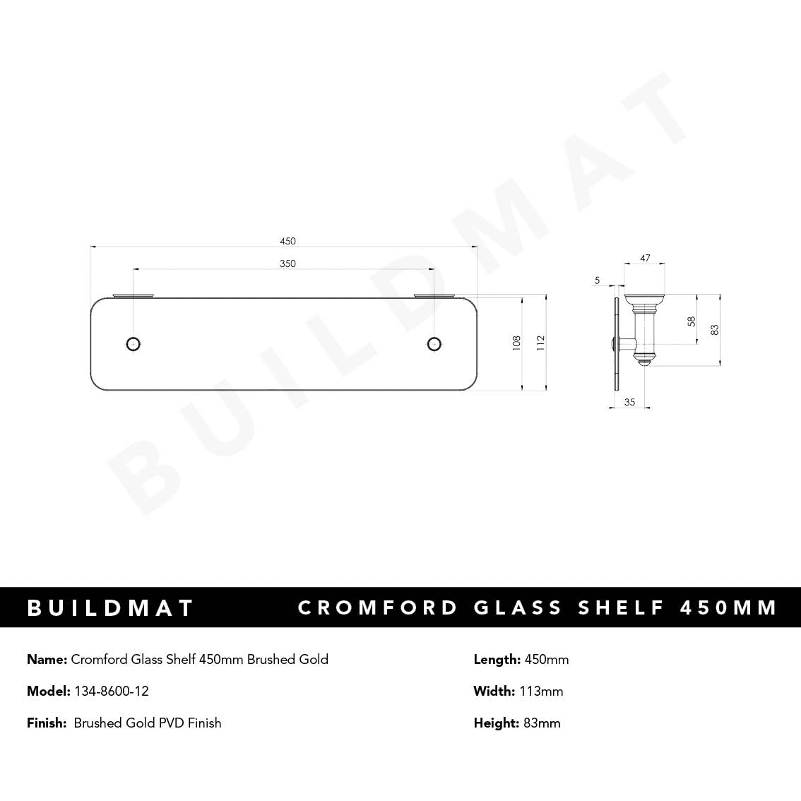 Cromford Glass Shelf 450mm Brushed Gold