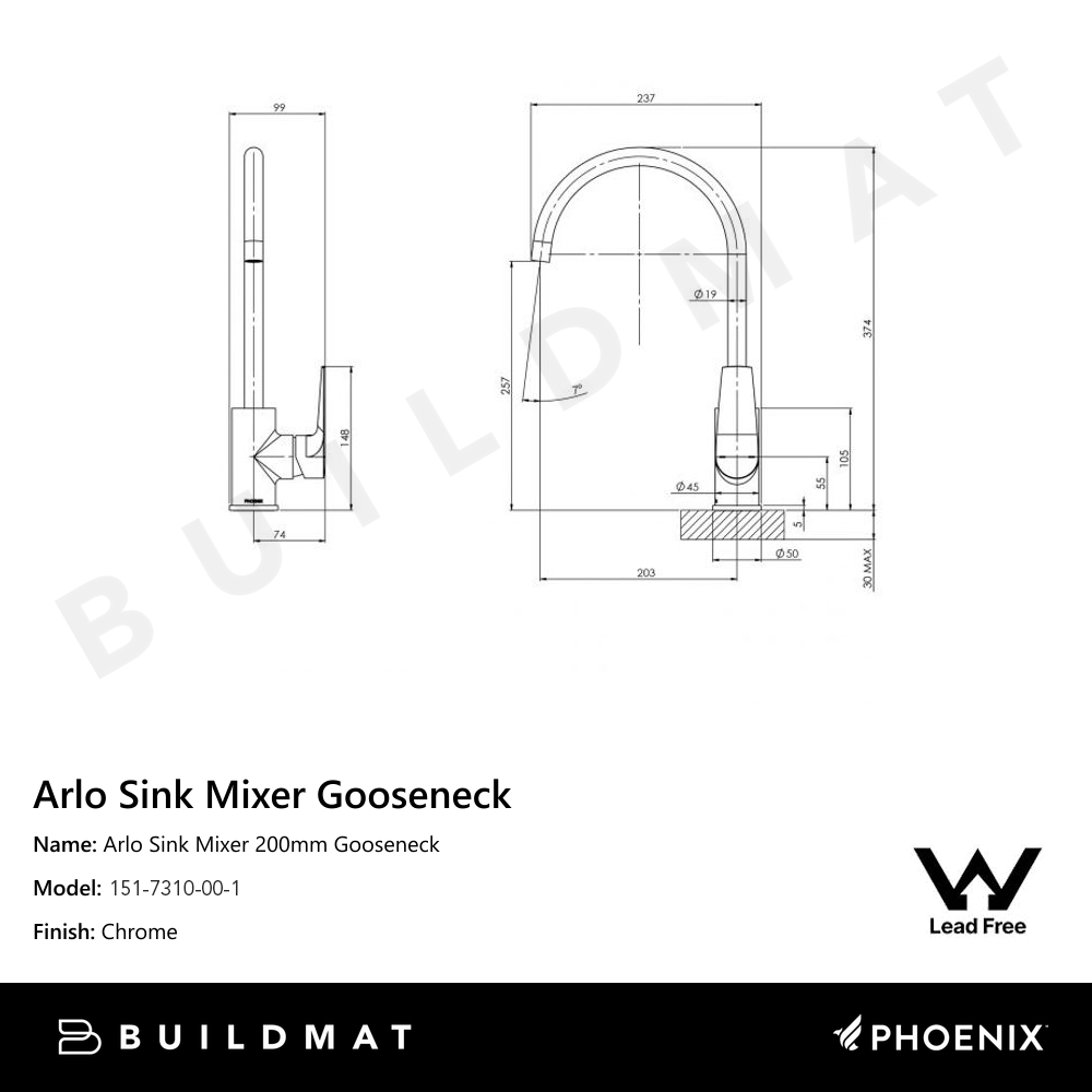 Arlo Sink Mixer 200mm Gooseneck Lead Free Chrome