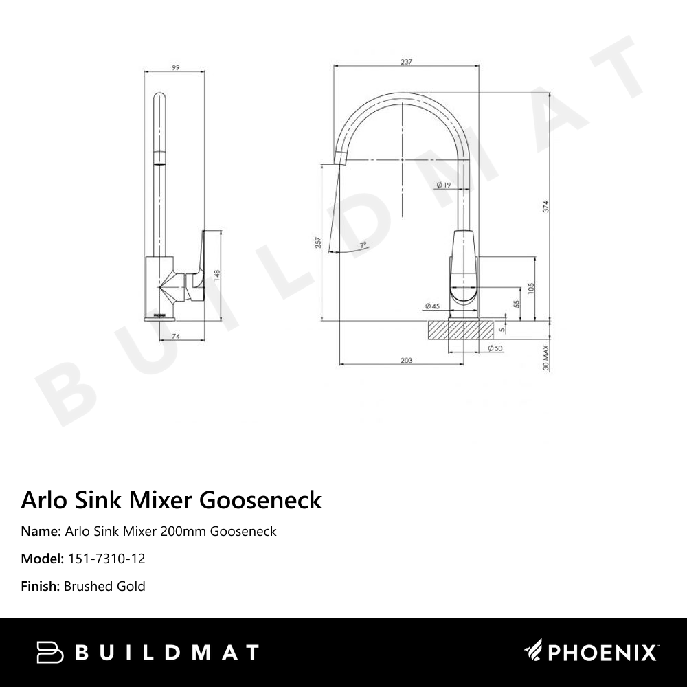 Arlo Sink Mixer 200mm Gooseneck Brushed Gold