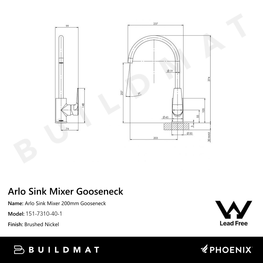 Arlo Sink Mixer 200mm Gooseneck Lead Free Brushed Nickel