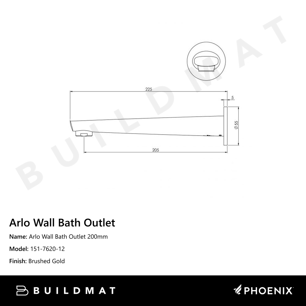 Arlo Wall Bath Outlet 200mm Brushed Gold