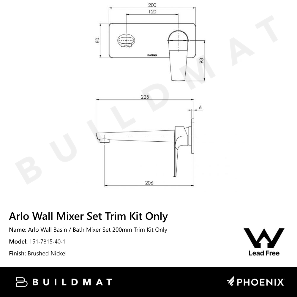 Arlo Wall Basin / Bath Mixer Set 200mm Trim Kit Only Lead Free Brushed Nickel