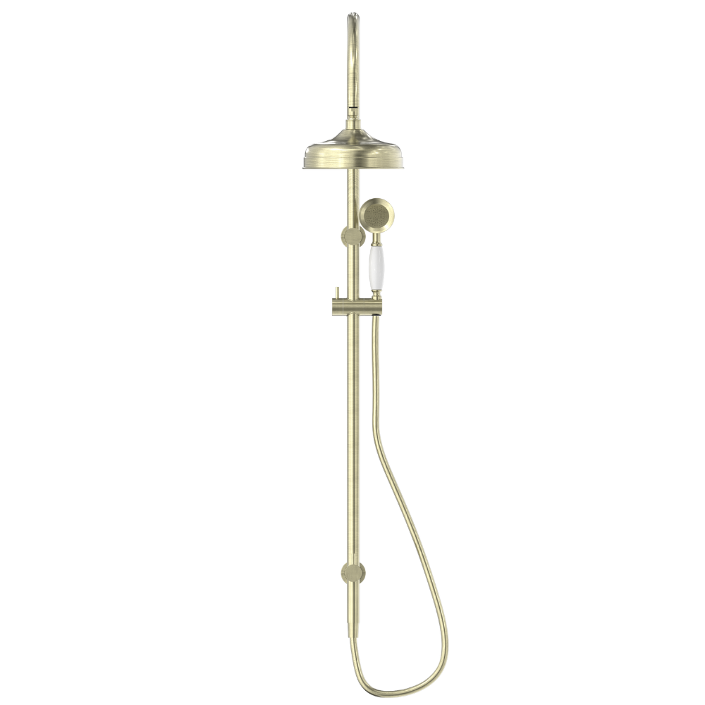 York Twin Shower with White Porcelain Hand Shower Aged Brass