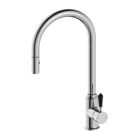 York Pull Out Sink Mixer with Vegie Spray Function with Black Porcelain Lever Chrome