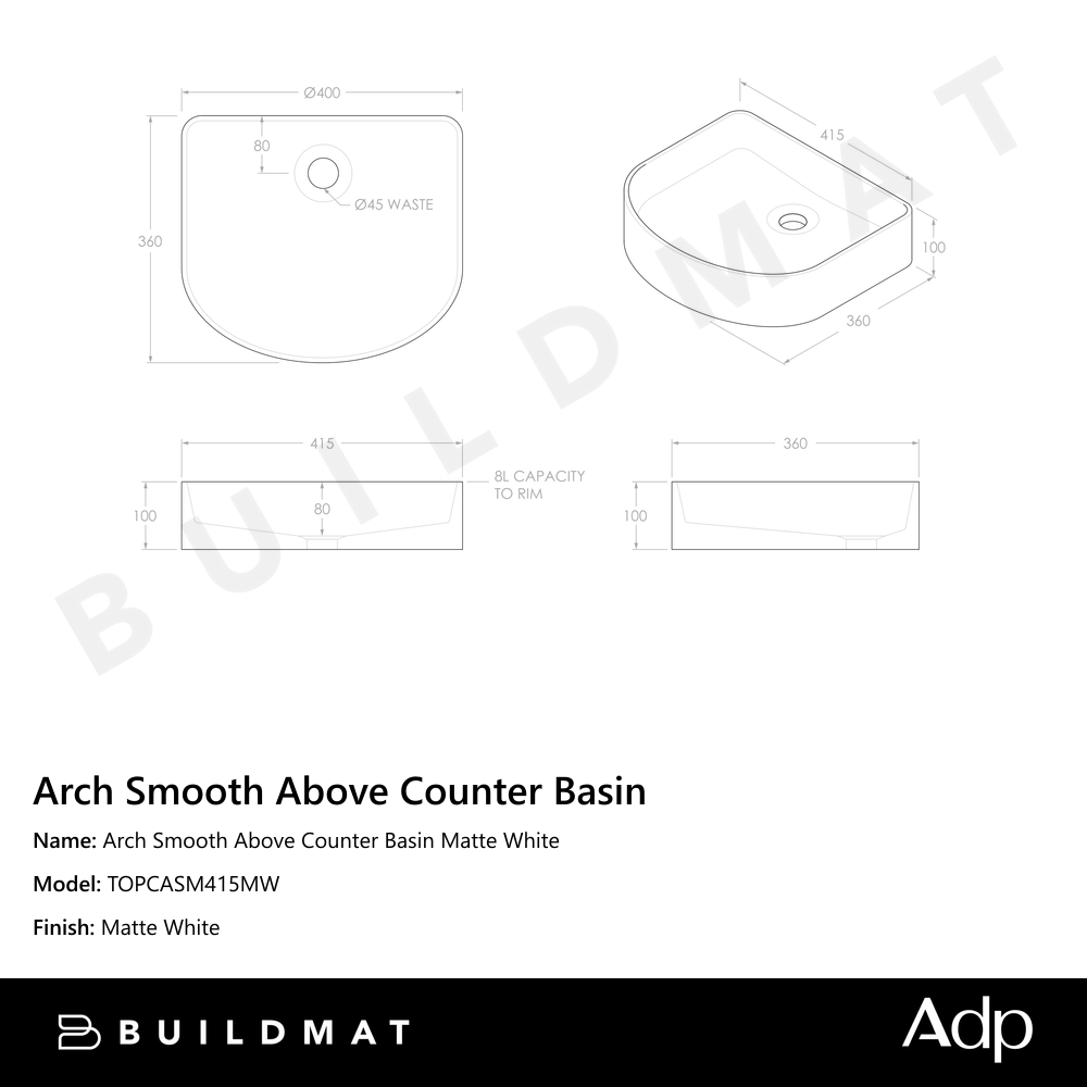 Arch Smooth Above Counter Basin Matte White