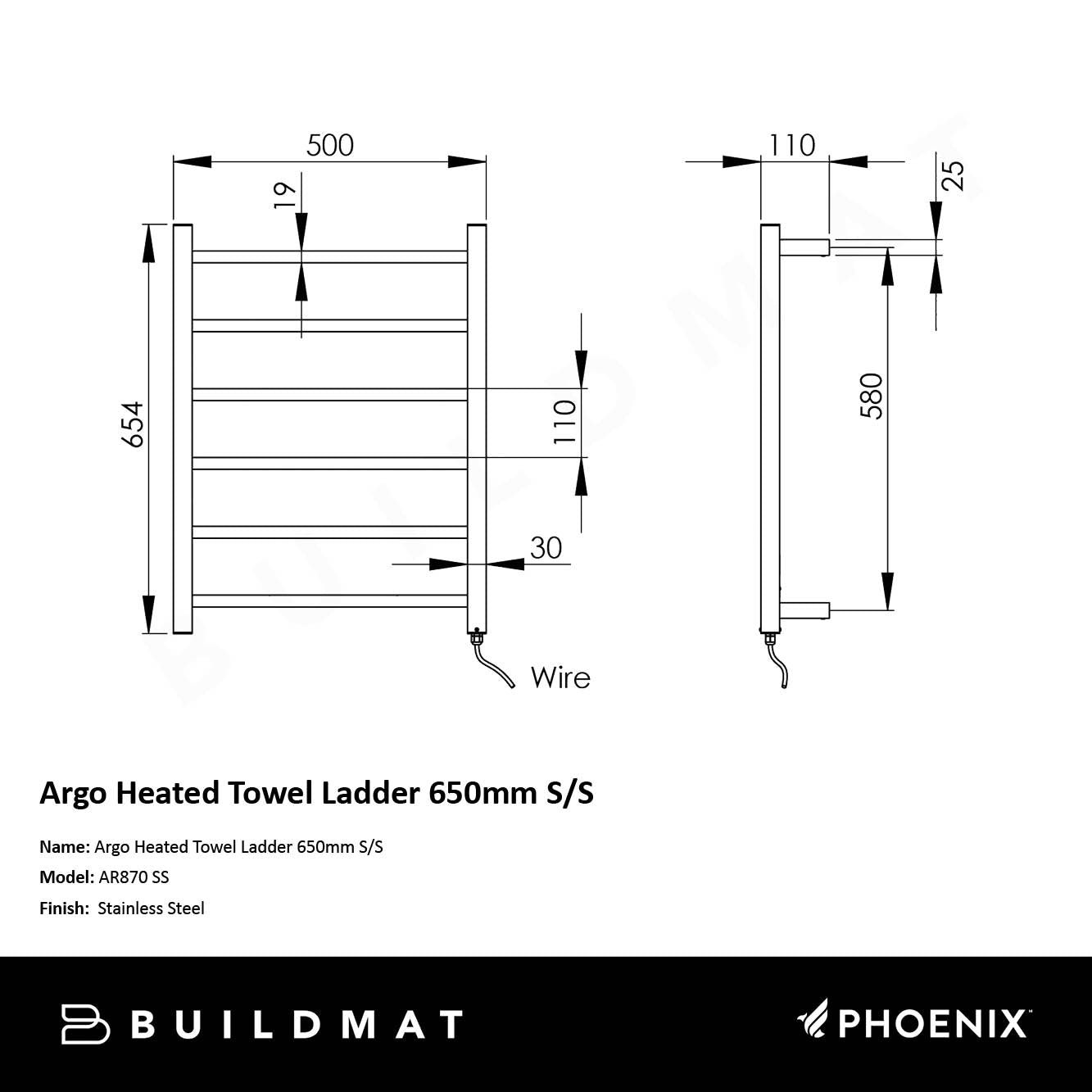 Argo Heated Towel Ladder 650mm S/S