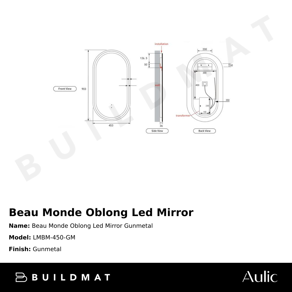 Beau Monde Oblong Pill LED Mirror Gunmetal