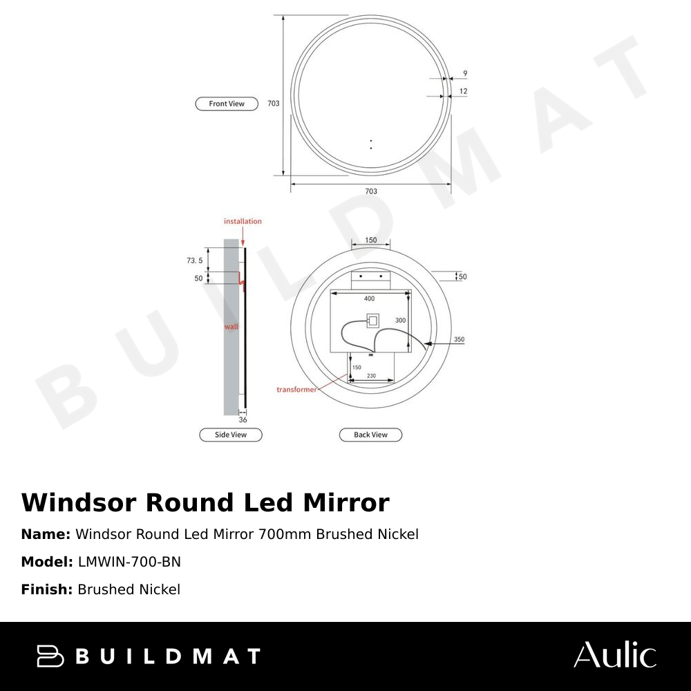 Windsor Round LED Mirror 700mm Brushed Nickel