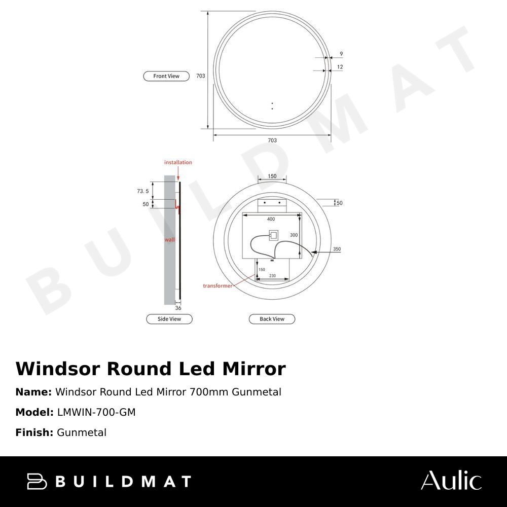 Windsor Round LED Mirror 700mm Gunmetal