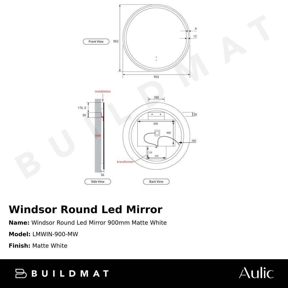 Windsor Round LED Mirror 900mm Matte White