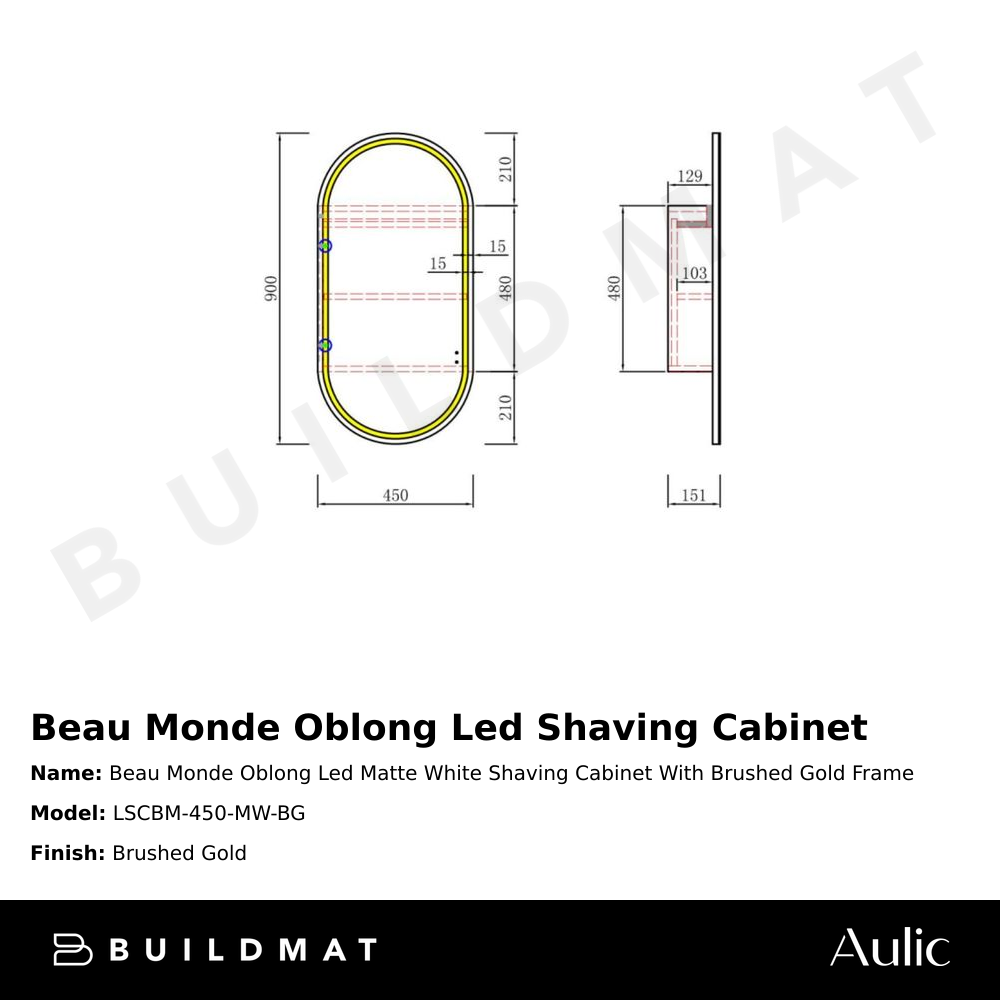 Beau Monde Oblong LED Matte White Shaving Cabinet With Brushed Gold Frame