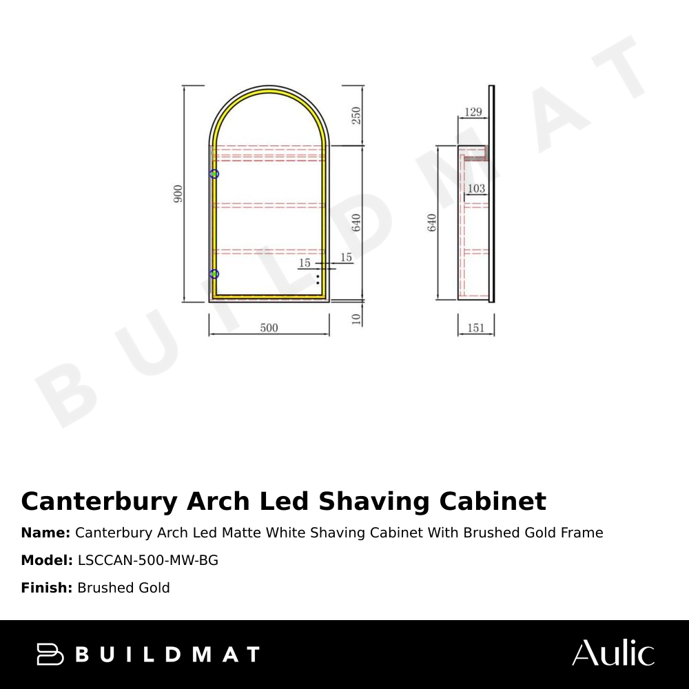 Canterbury Arch LED Matte White Shaving Cabinet With Brushed Gold Frame