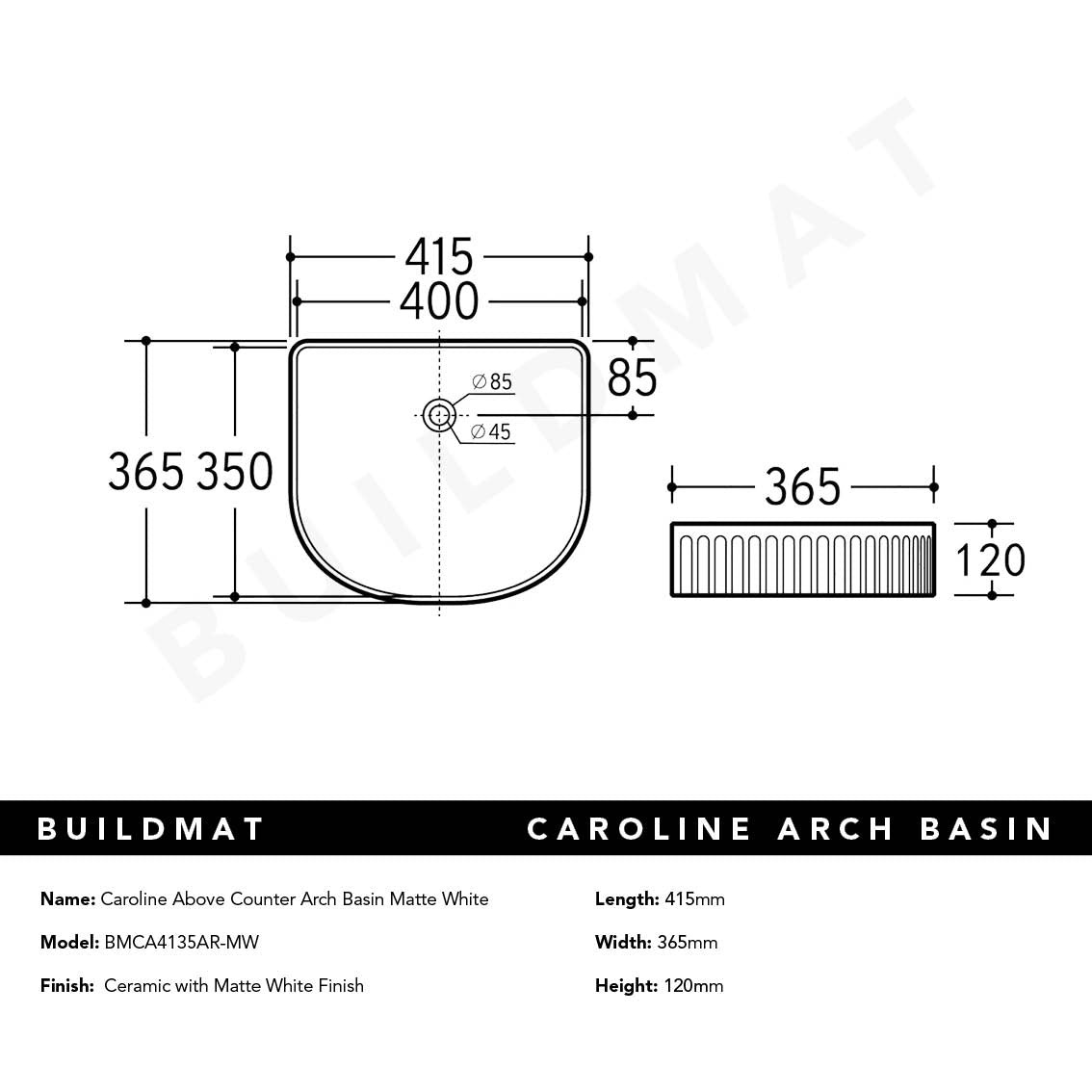 Caroline Above Counter Arch Basin Matte White