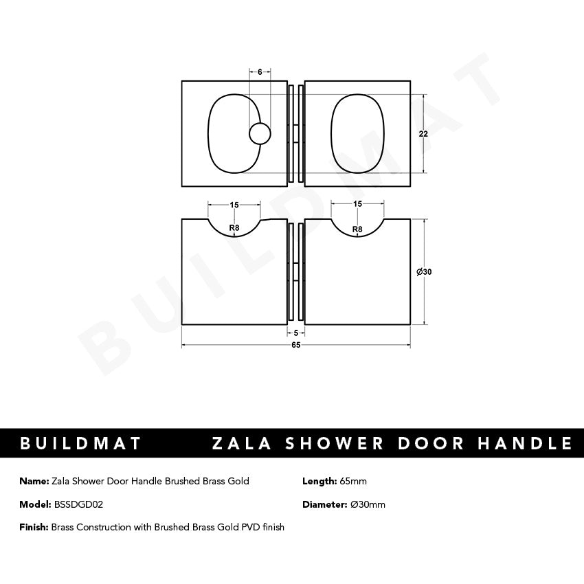 Zala Shower Door Handle Brushed Brass Gold