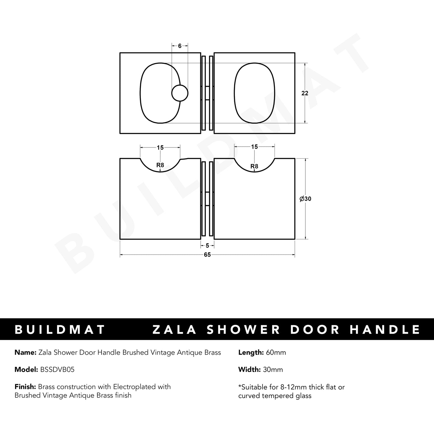 Zala Shower Door Handle Brushed Vintage Antique Brass