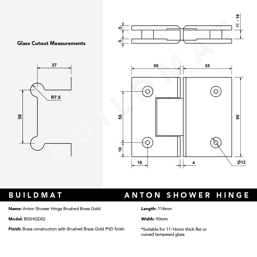 Anton Shower Hinge Brushed Brass Gold