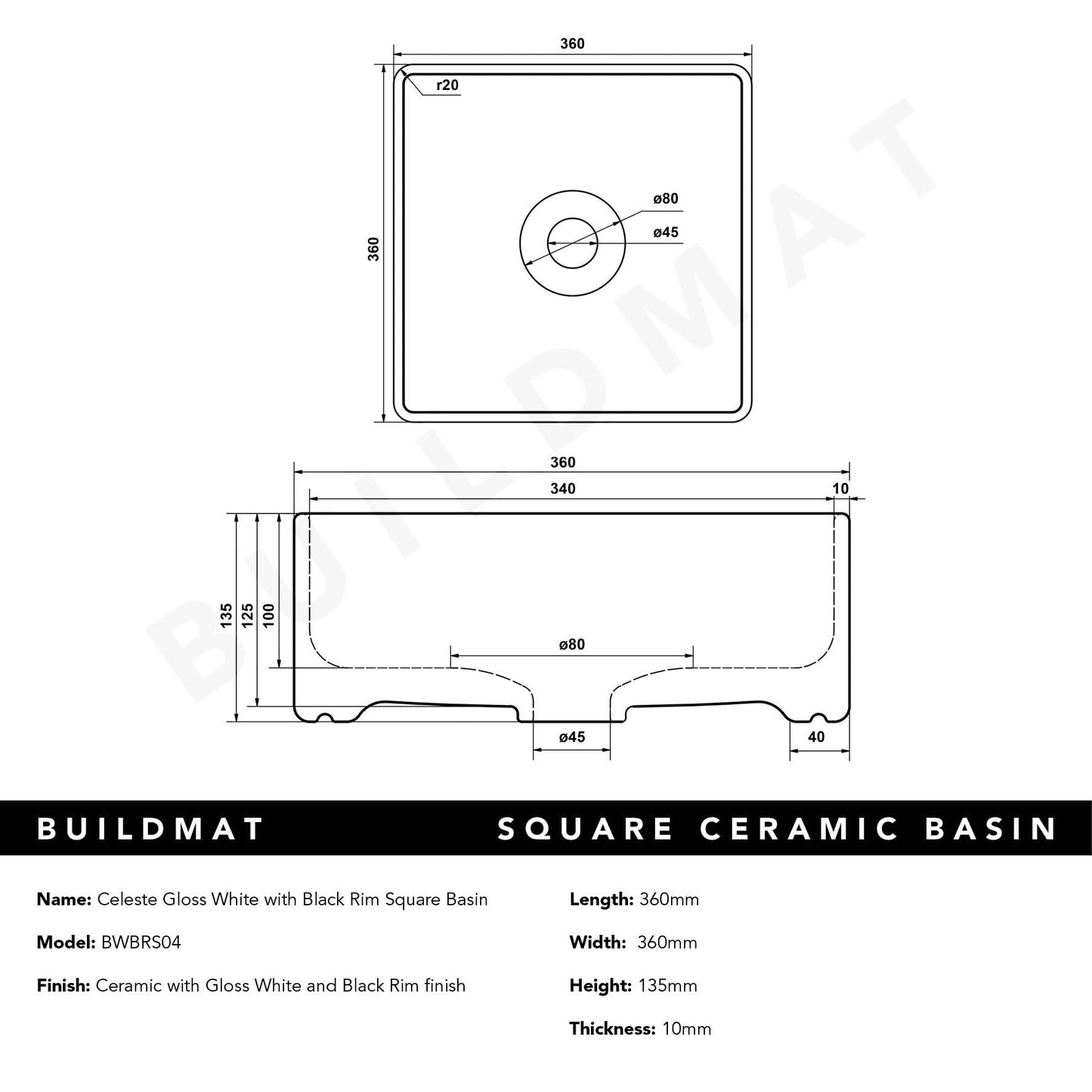 Celeste Gloss White with Black Rim Square Basin CLEARANCE