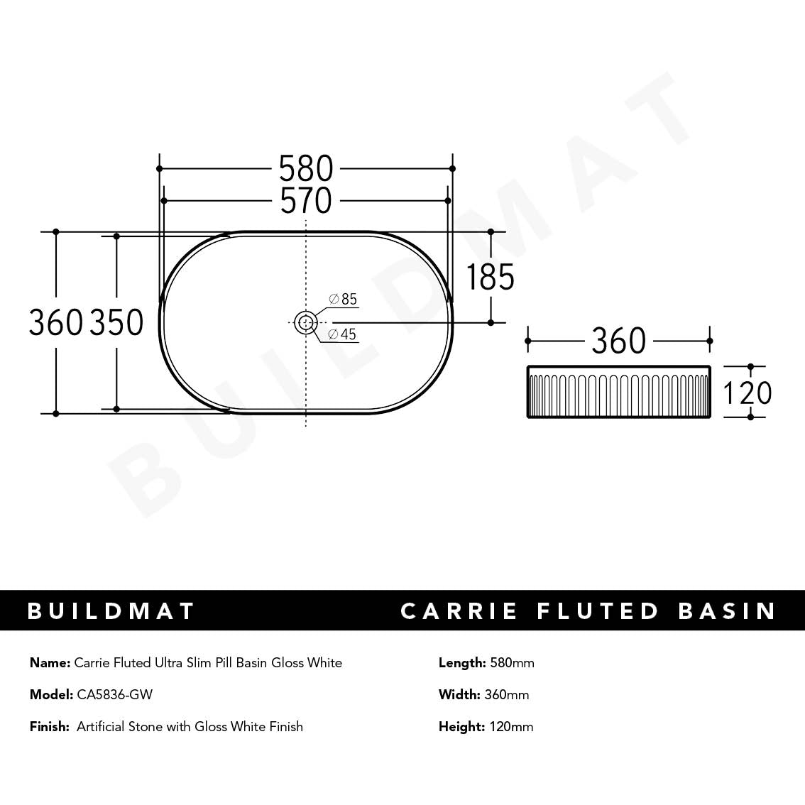 Carrie Gloss White Fluted Ultra Slim Pill Basin