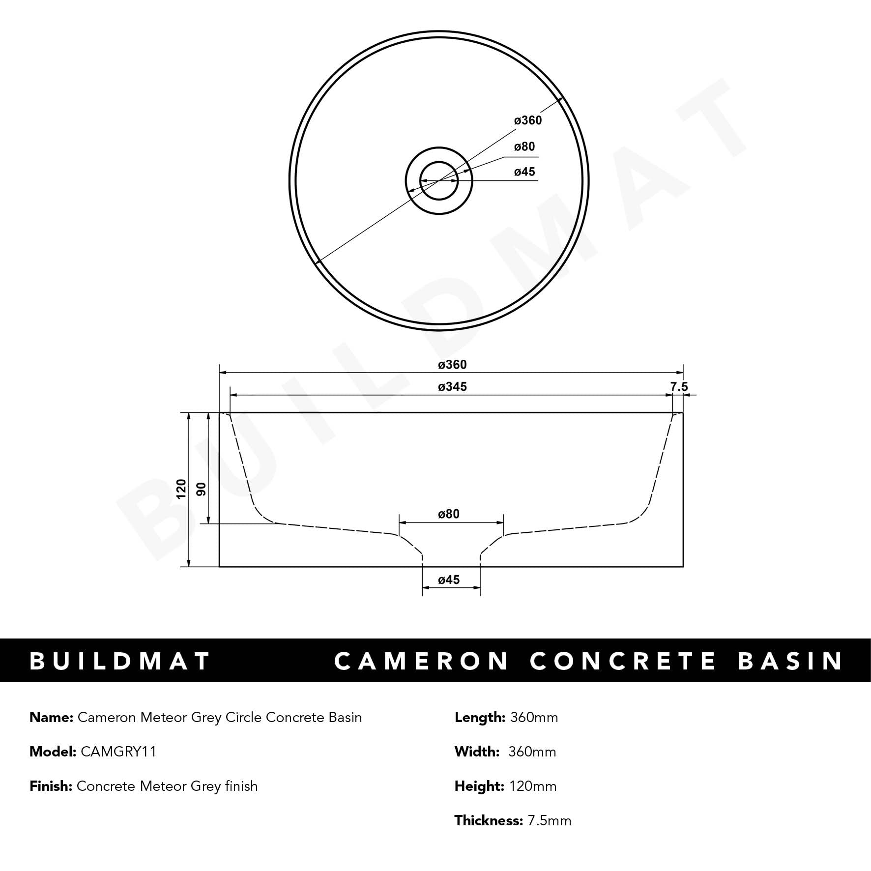 Cameron Meteor Grey Circle Concrete Basin