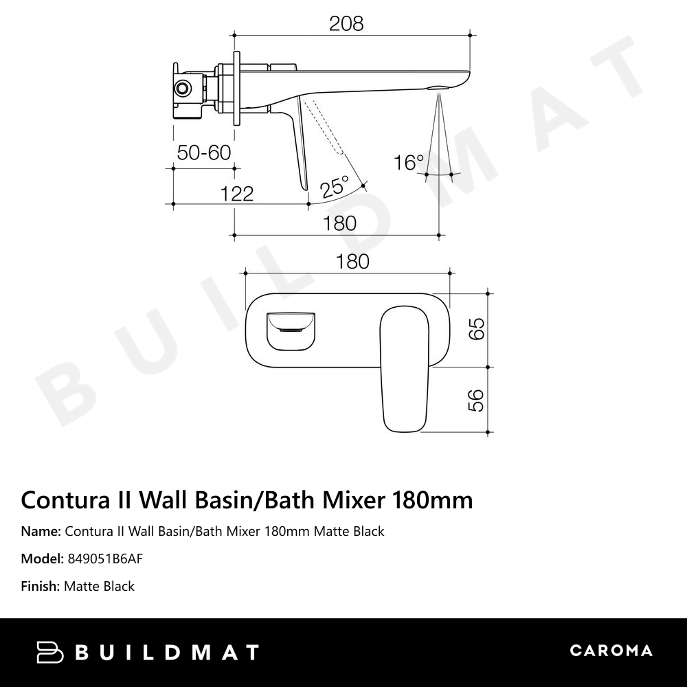 Contura II Wall Basin/Bath Mixer 180mm Matte Black