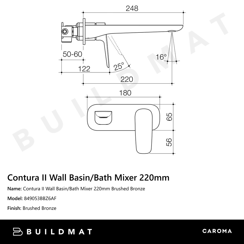 Contura II Wall Basin/Bath Mixer 220mm Brushed Bronze