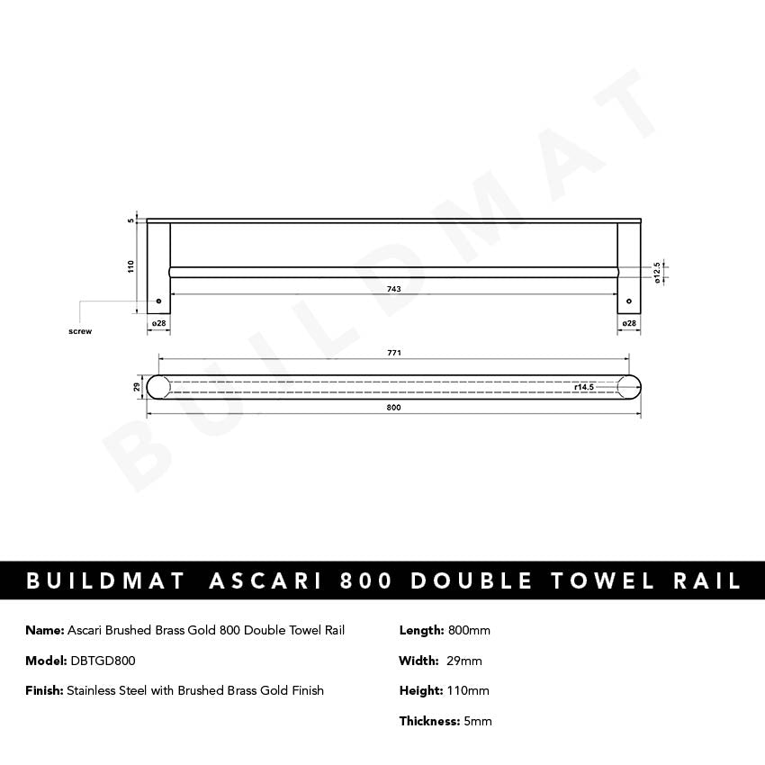 Ascari Brushed Brass Gold 800 Double Towel Rail