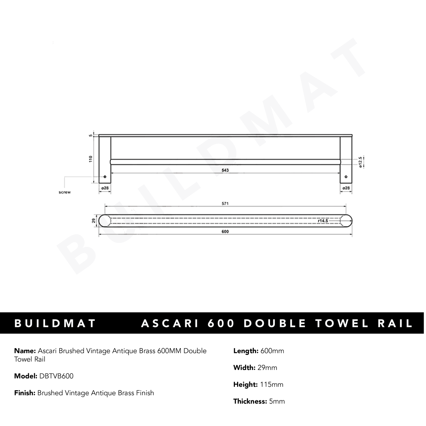 Ascari Brushed Vintage Antique Brass 600 Double Towel Rail