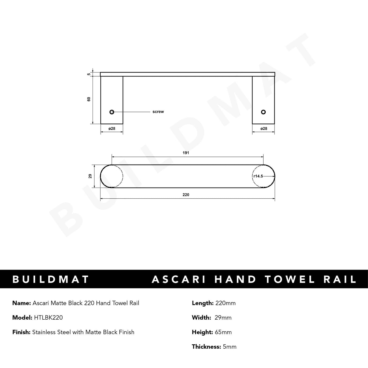 Ascari Matte Black 220 Hand Towel Rail