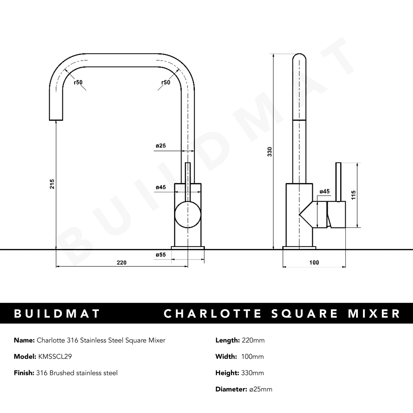 Charlotte 316 Stainless Steel Square Mixer