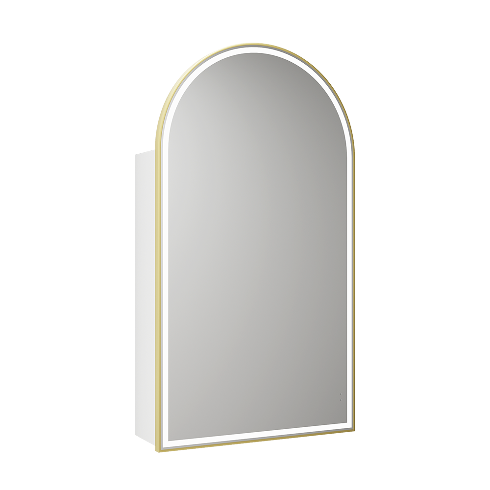 Canterbury Arch LED Matte White Shaving Cabinet With Brushed Gold Frame