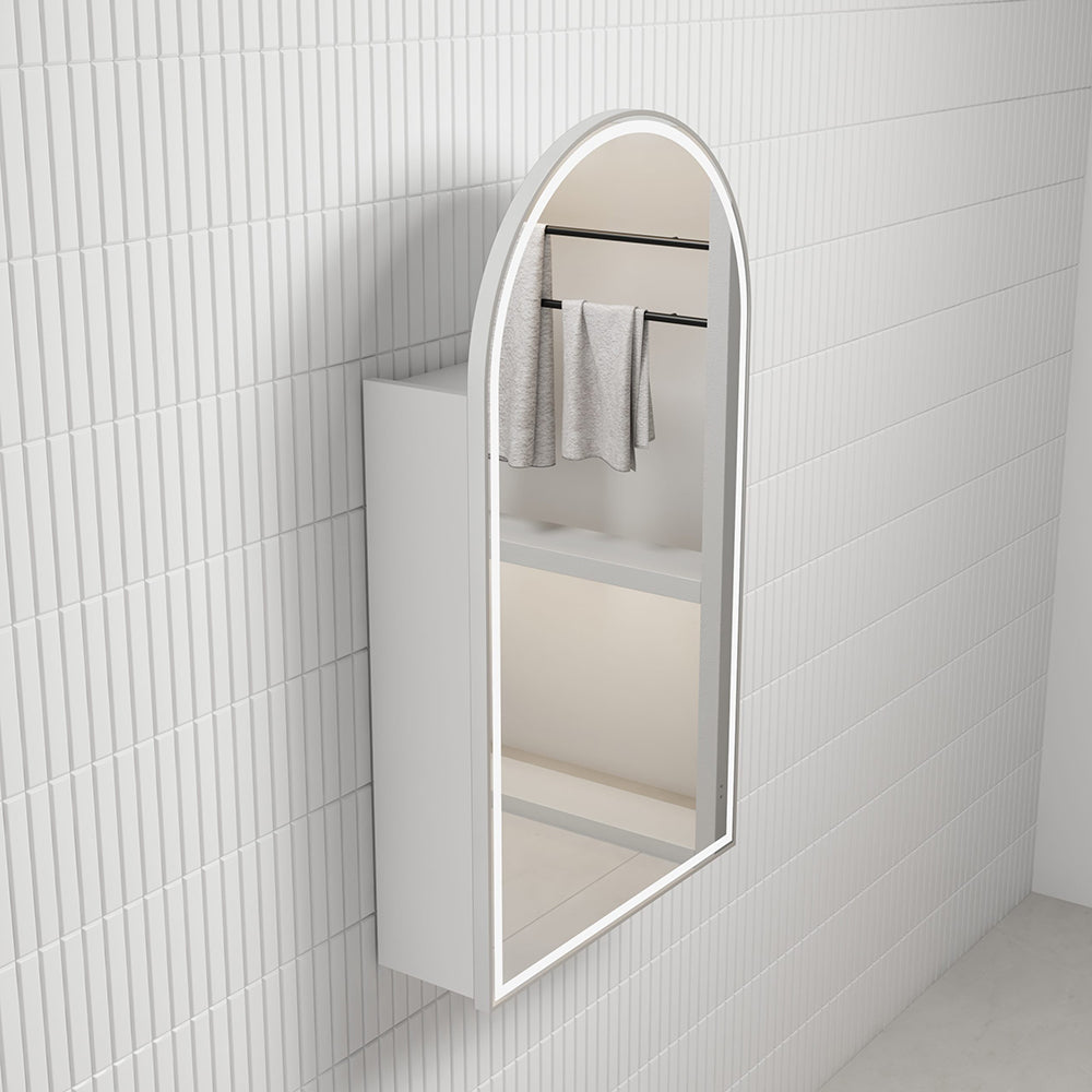 Canterbury Arch LED Matte White Shaving Cabinet With Brushed Nickel Frame