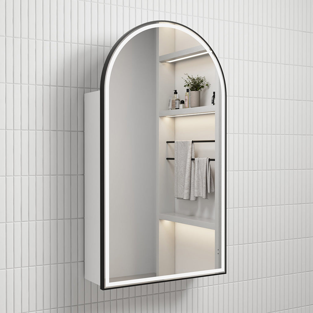 Canterbury Arch LED Matte White Shaving Cabinet With Matte Black Frame