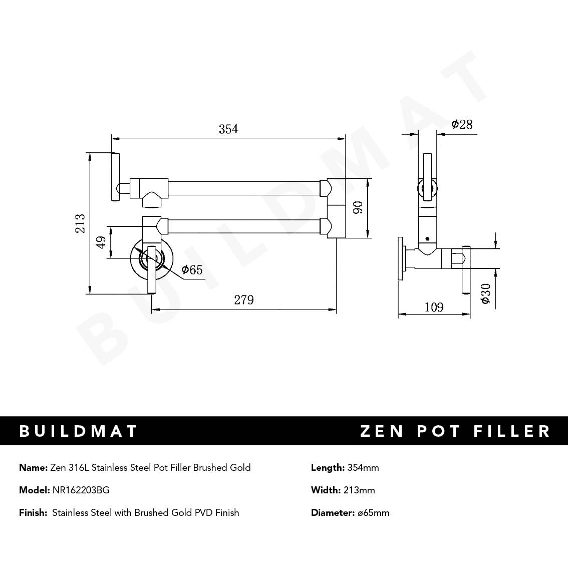 Zen 316L Stainless Steel Pot Filler Brushed Gold