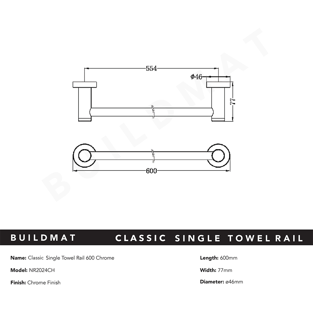 Classic Single Towel Rail 600mm Chrome