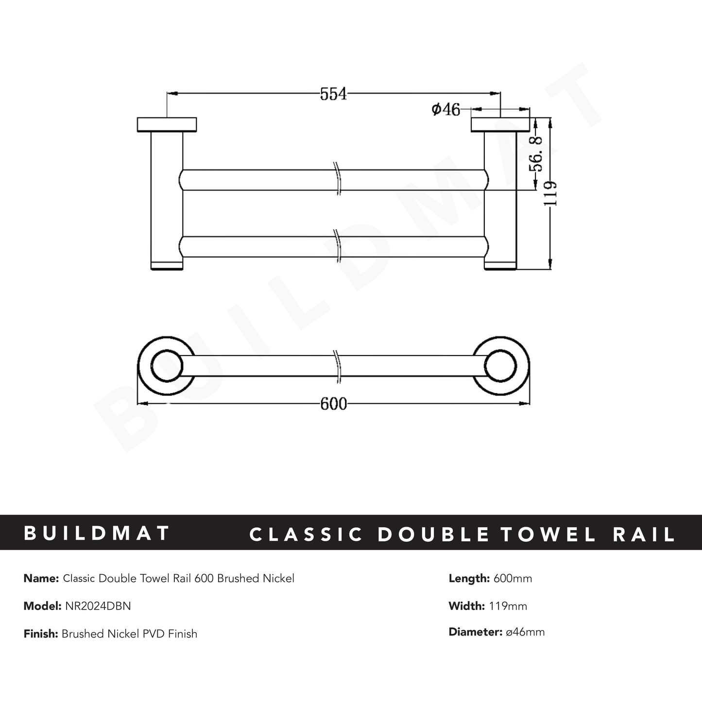 Classic Double Towel Rail 600mm Brushed Nickel