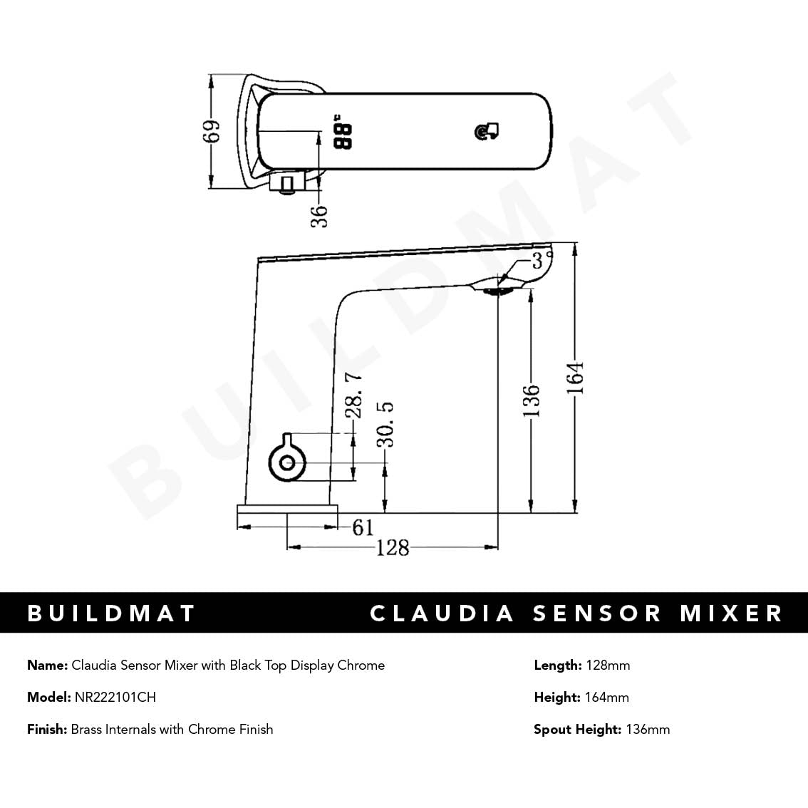 Claudia Sensor Mixer with Black Top Display Chrome