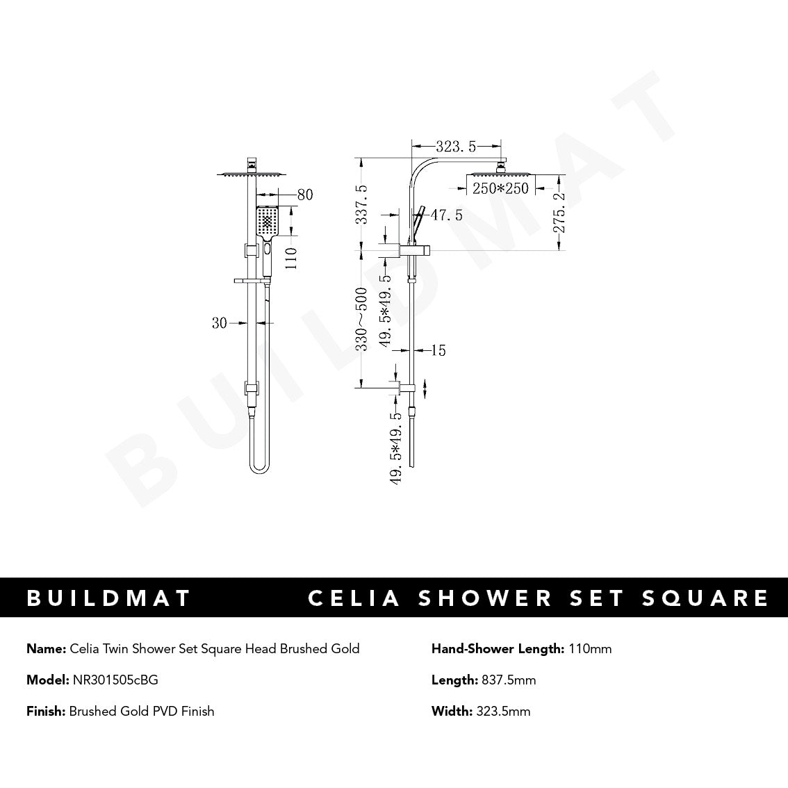 Celia Twin Shower Set Square Head Brushed Gold