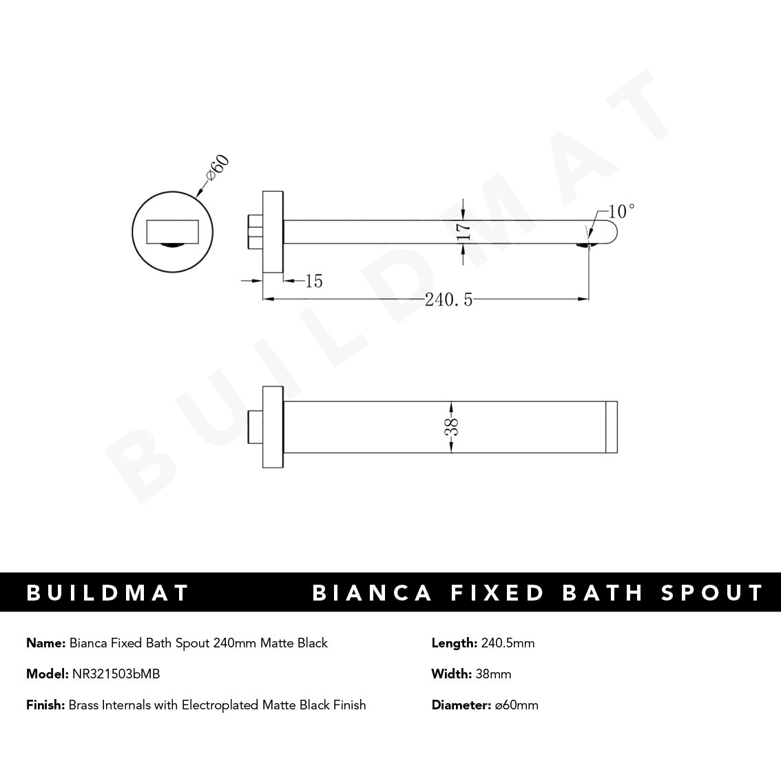 Bianca Bath Spout 240mm Matte Black