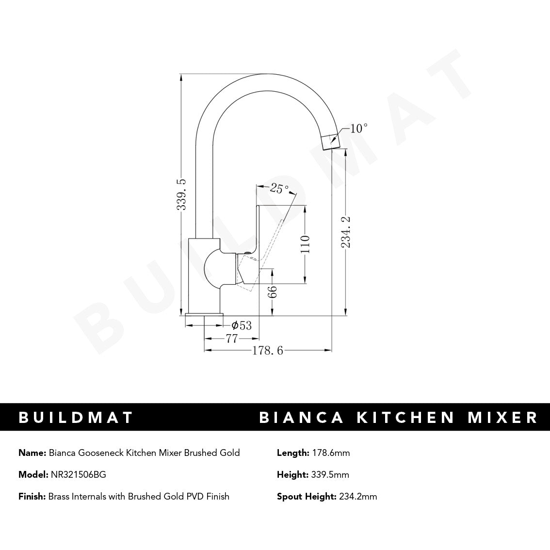 Bianca Kitchen Mixer Gooseneck Spout Brushed Gold